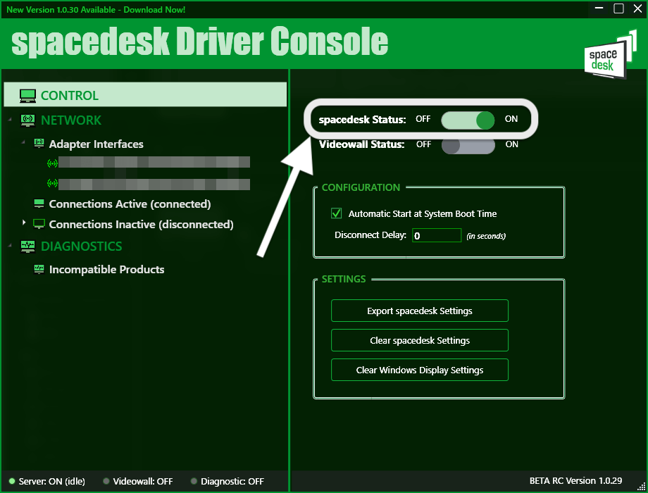 spacedeskコンソール画面でのstatusの切り替えスイッチを示すスクリーンショット
